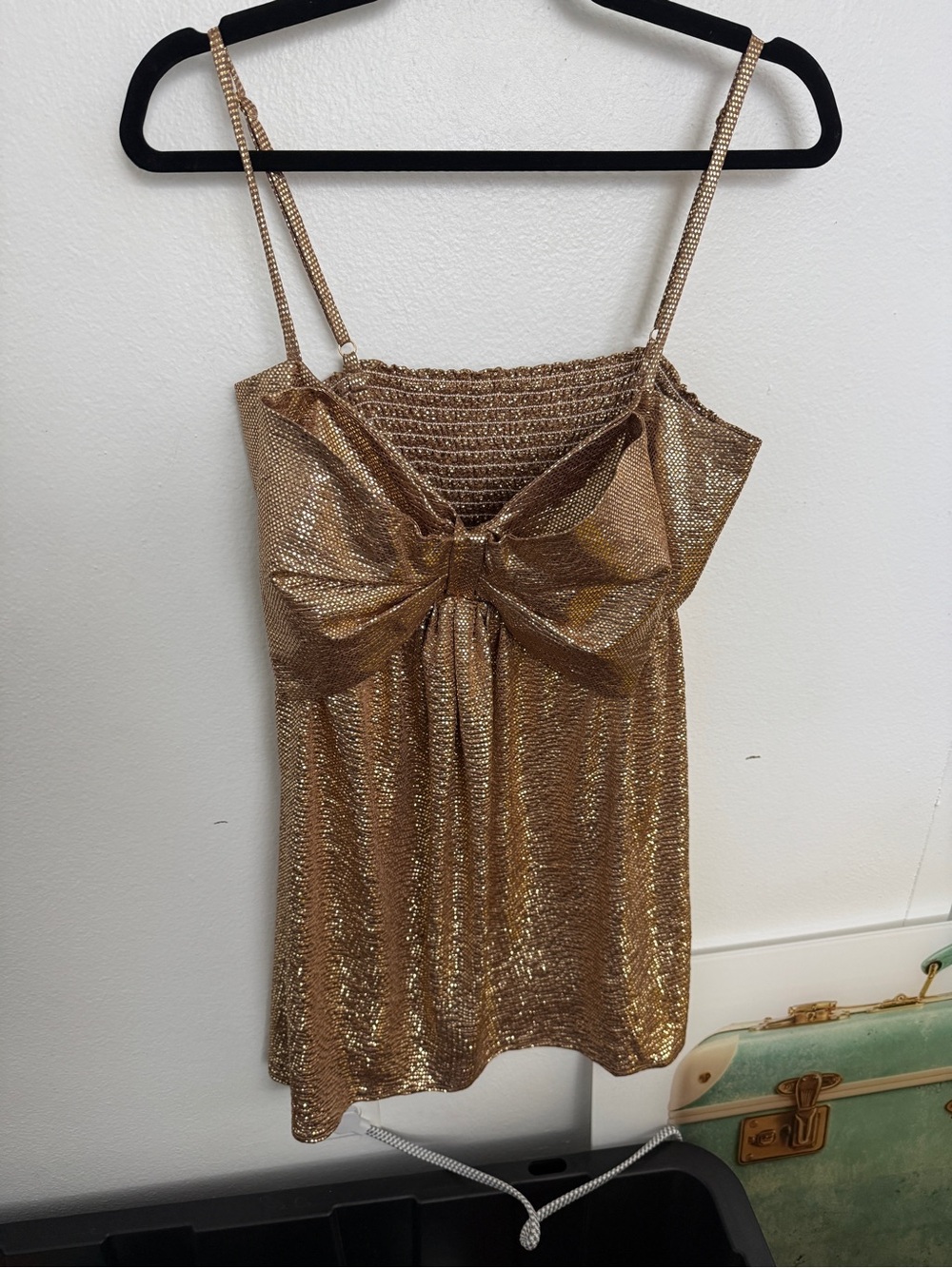 Show Me Your MuMu Gold Metallic Bow-Front Spaghetti Strap dress